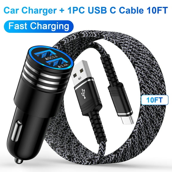 USB Car Charger,ABCPOW 30W Dual USB Car Charger Adapter with 1PACK Android Phone Cords Type C Charging Cable 10ft USB C Car Phone Charger Type C Cables 10ft Car Cigarette Lighter Socket Adapter,Black