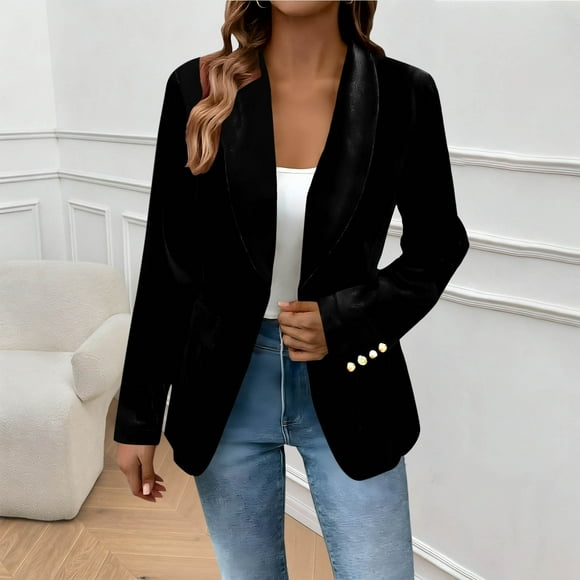 Daiosportswear Women's Velvet Suit Blazer Jacket Casual Notch Collar Long Sleeve Two Buttons Open Front Blazer Coat Pocket Black XL(XL)