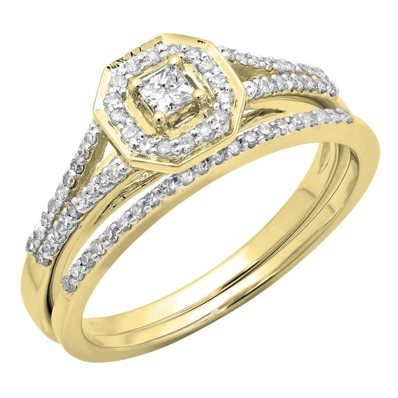Dazzlingrock Collection 0.40 Carat (ctw) 14K Princess & Round Diamond Halo Bridal Engagement Ring Set, Yellow Gold, Size 7