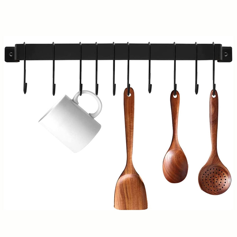 Gourmet Kitchen Rail with 10 Hooks, Wall Mounted Wrought Iron Hanging Utensil Holder Rack with