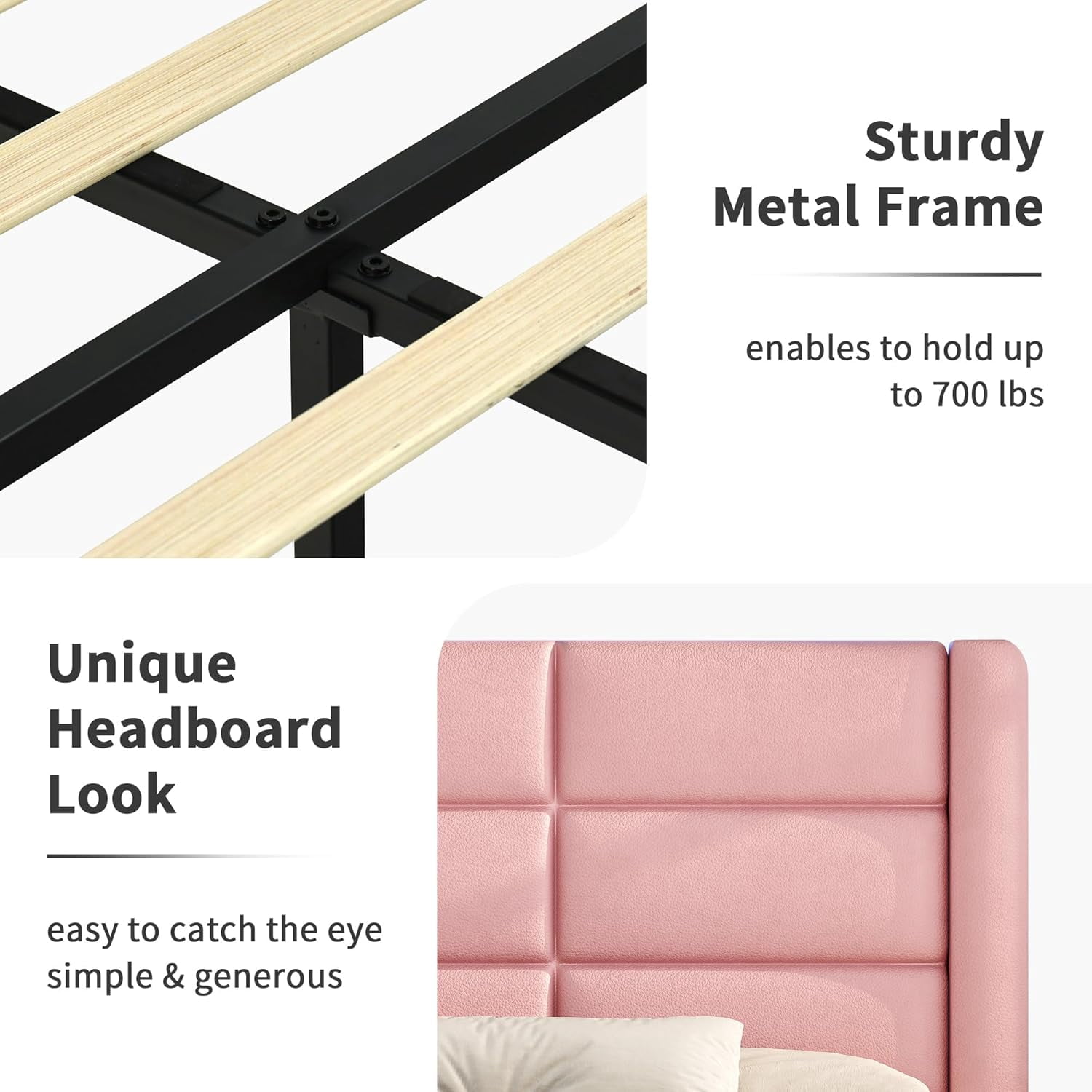 4 EVER WINNER Full Bed Frame with LED Light, Modern Upholstered Platform Bed Frame Headboard and Footboard, Pink Full Size Bed Frame, Pink