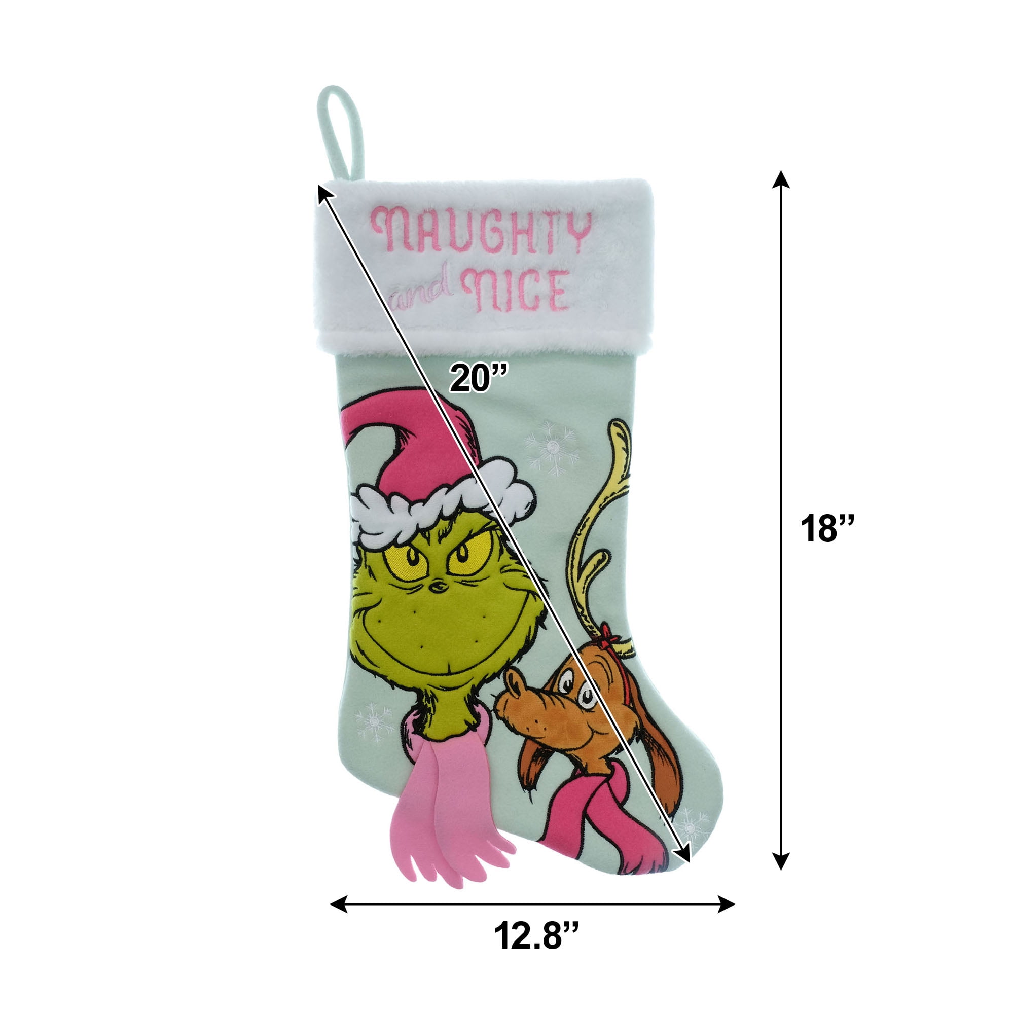 Dr. Seuss Grinch and Max 20 Inch Christmas Stocking with Pink Naughty and Nice Embroidery