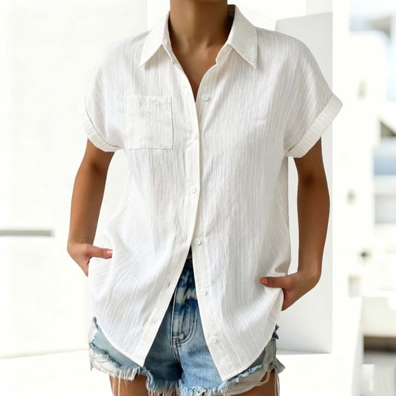 HCYSFG Womens Solid Color Shirt Collared Button Front Short Sleeve Side Pockets Loose Fit Lightweight Blouse Casual Summer Tops