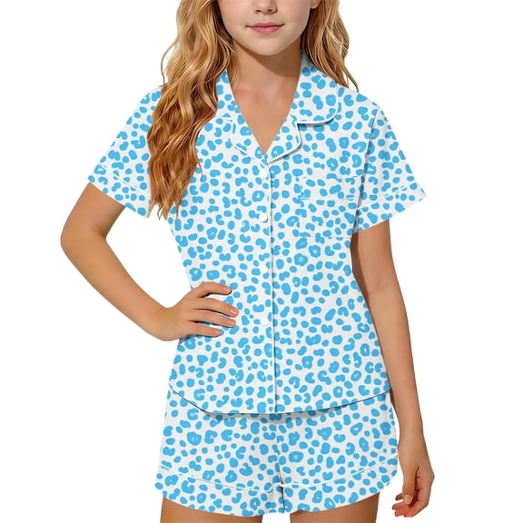 FAVIPT Pajamas Sets for Girls Summer Leopard Collared Short Sleeve T-Shirt and Shorts 2Pcs Pajama Button Down Loungewear Set Light Blue,3-4Years