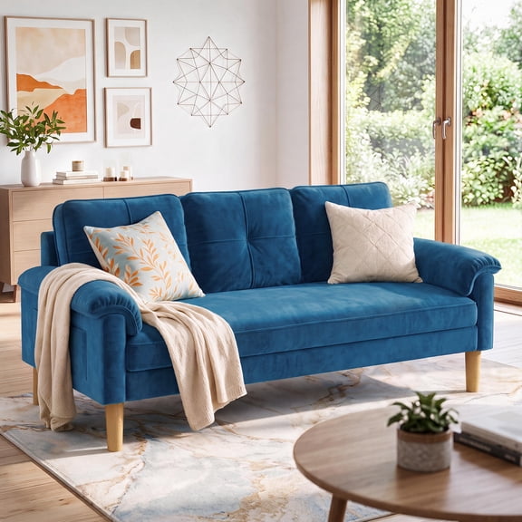 Lofka 70" Loveseat Sofa, Cloud Couch with Side Pockets & Wide Armrests, Modern Velvet Fabric Sleeper Sofa for Small Space, Blue