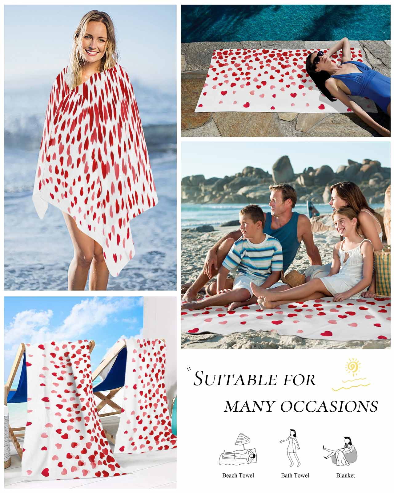 Love Hearts Fallen Beach Towels Oversized Super Absorbent, Valentines Day Red Loving Lightweight Bath Towel Quick Dry Sets For Bathroom/Pool/Rv Camping/Beach Play/Gym Room/Picnic 35"x70"