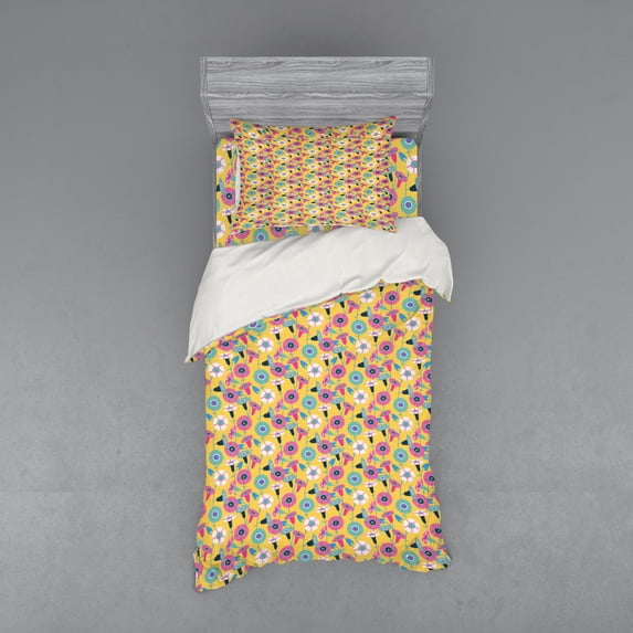 Flower Duvet Cover Set, Continuous Abstract Bindweeds Demonstration Summer Tone Colors Illustration, Bedding Set with Shams and Fitted Sheet, 3 Sizes, by Ambesonne