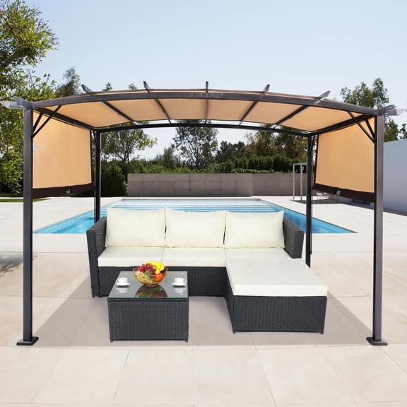 Ktaxon 12' x 9' Pergola Metal Dark Adjustable Shade Fabric Curved Top Folding Shed Brown