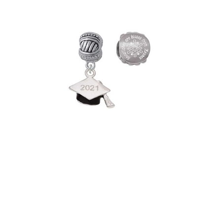 Silvertone 3-D Graduation Hat with 2021 Snowflakes are Kisses from Heaven Charm Beads (Set of 2)