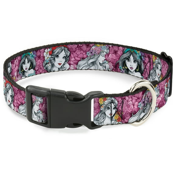 Disney Pet Collar, Dog Collar Plastic Buckle, Princess Sketch Poses Floral Collage Pinks Grays, 9.5 to 14.5 Inches 0.5 Inch Wide