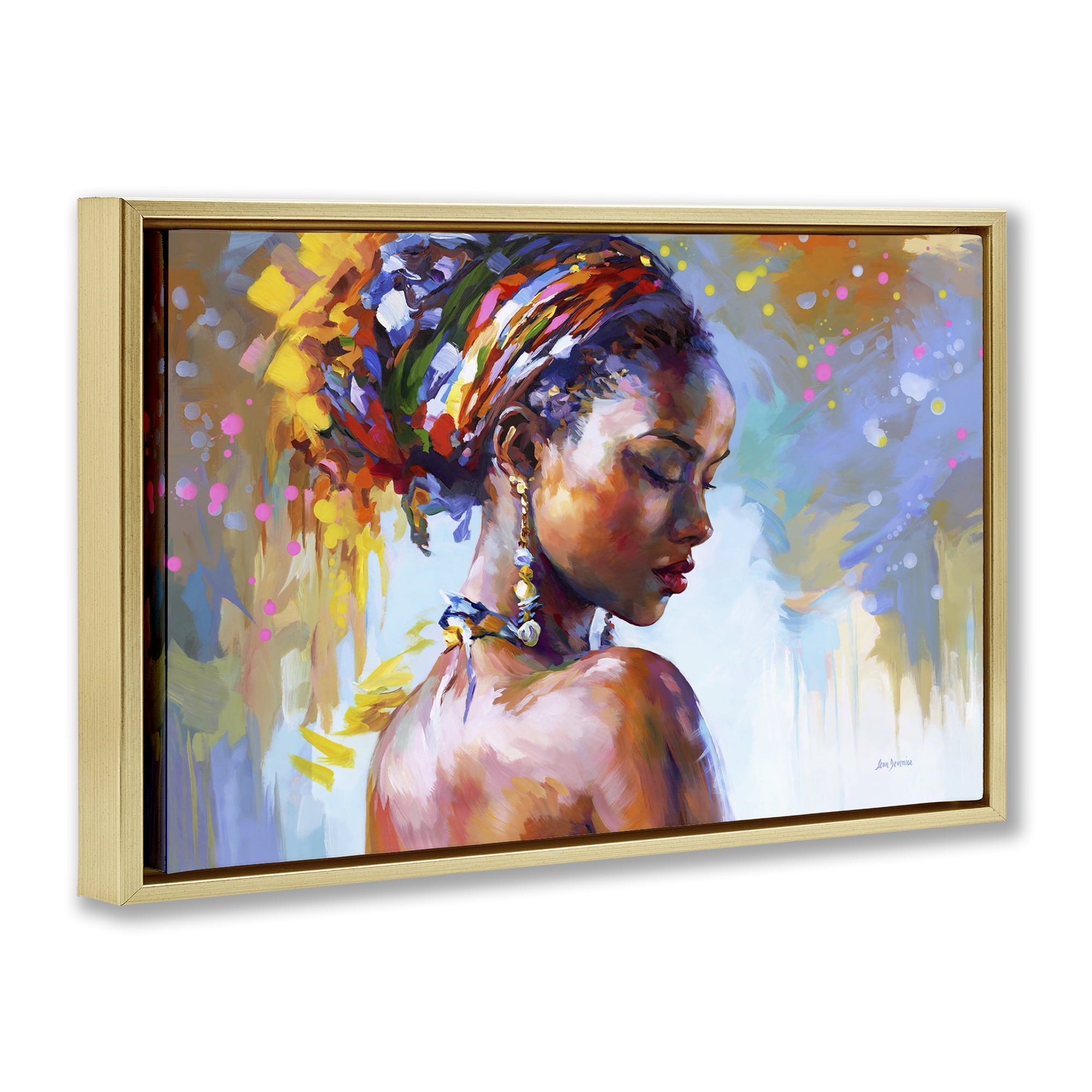 Stupell Industries African Beauty Portrait People Painting Gold Floater Framed Canvas Art Print Wall Art, 25 x 17
