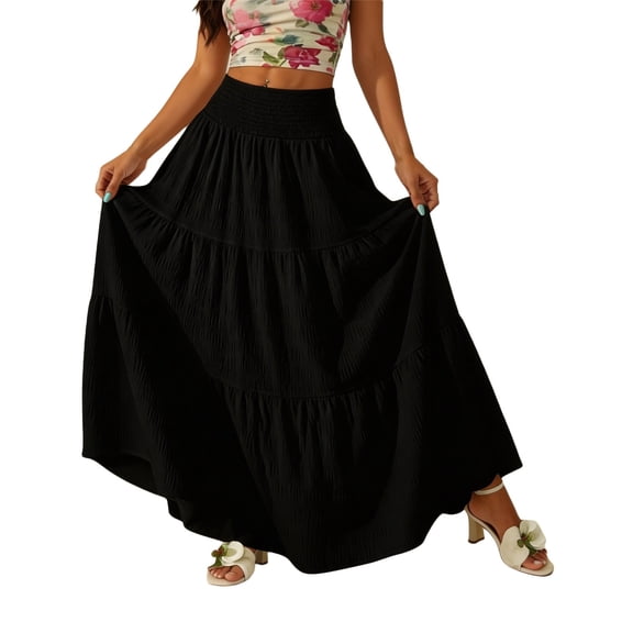 Wxolcjlv Womens Smocked Waist Tiered Maxi Skirt Crinkle Fabric Flared Skirts