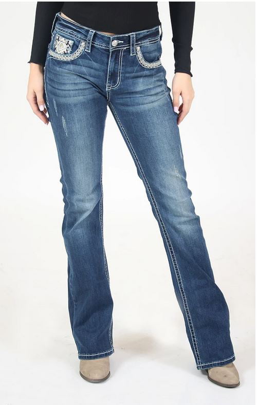 GRACE IN LA JEANS Mid Rise Dark Soft Denim Embroidered Easy Bootcut Stretch 