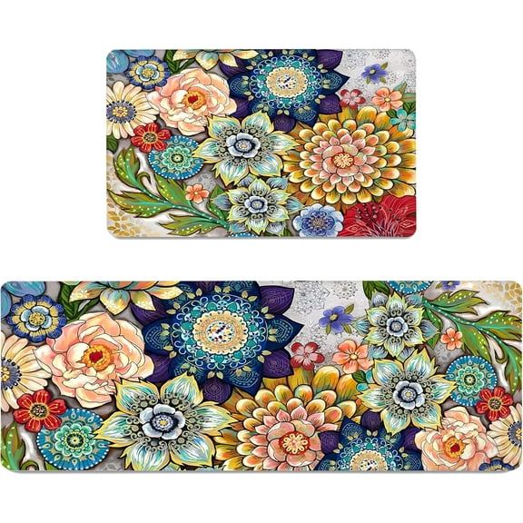 Boho Floral Kitchen Runner Rugs Mats for Floor 2 Piece Memory Foam Padded Long Kitchen Mats Anti Fatigue Cushioned Comfort Standing Mat, 15.7x23.7 15.7x23.7 Inch