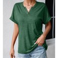 thumbnail image 2 of Camiseta de Mujer Manga Corta Botón Decoración Cuello en V Color Puro Señora Jersey Top para el Trabajo Compras Diarias Verde L, 2 of 8
