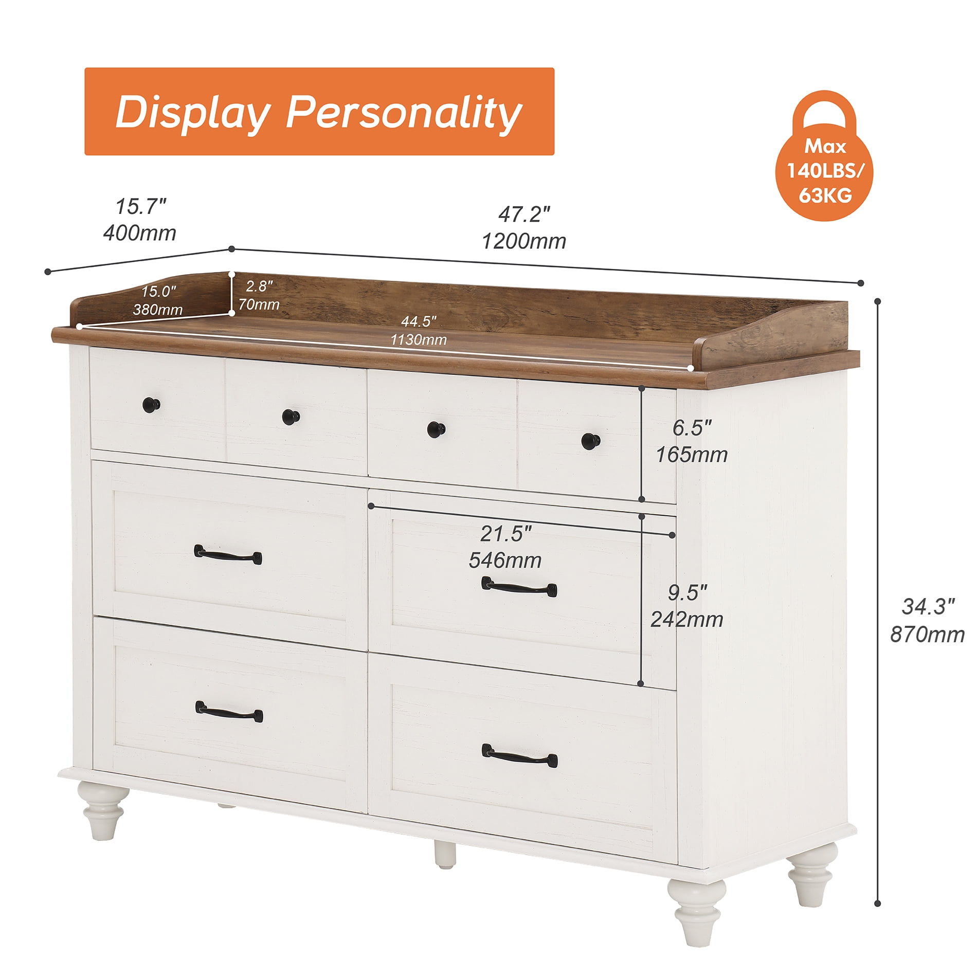 White 6 Drawer Dresser for Bedroom, Wooden Chest of Drawers for Living Room