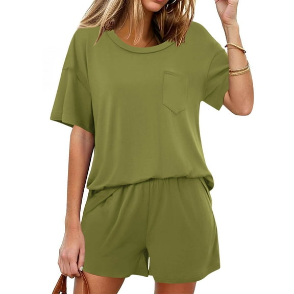 ABPWLY Lounge Sets for Women Lounge Sets for Women Summer Casual Pocket Short Sleeve Tops and High Waist Shorts 2 Piece Sets Homewear Outfits Festival Outfits for Women