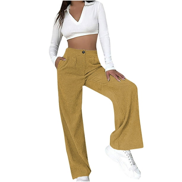 Womens Fall Corduroy Pants Solid Color High Waist Straight Wide
