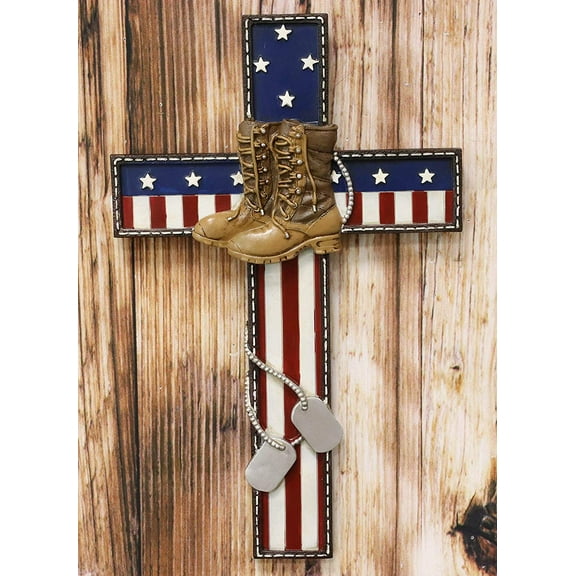Ebros USA Flag Fallen Soldier W/ Boots & Dog Tag Memorial Cross Decor 11.75" H