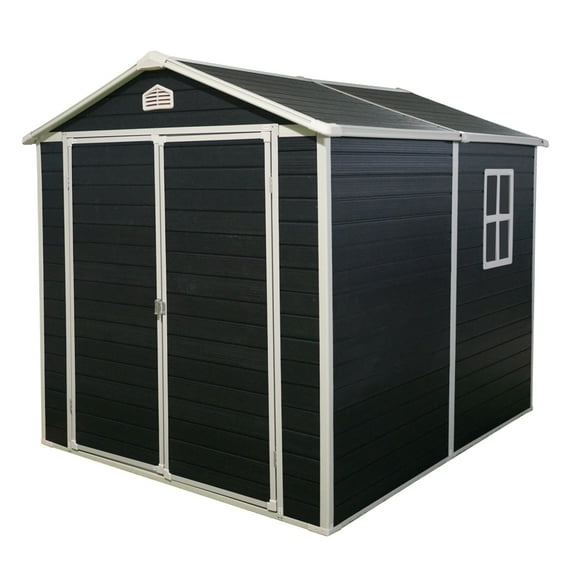 Durable 6x8 ft Polypropylene Resin Outdoor Storage Shed Kit with Double Doors, Air Vents, side windowand Black Finish – Ideal for Garden, Yard, and Patio Storage