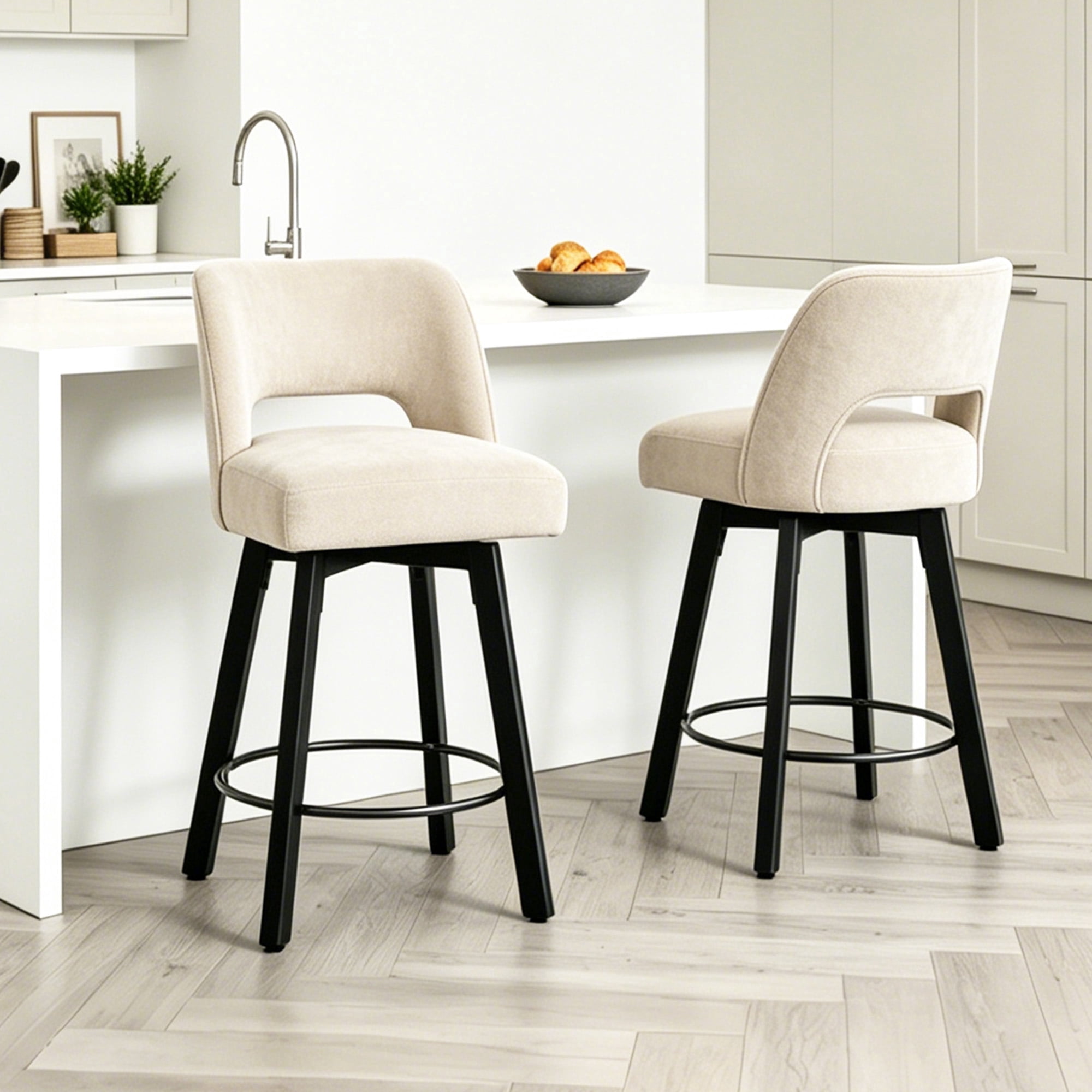 CRERIYO 360°Swivel Bar Stools Set of 2, Upholstered Linen Kitchen Island Chairs with Low Back, Thick Padded Seat and Circular Footrest, Beige