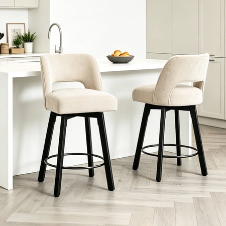 CRERIYO 360°Swivel Bar Stools Set of 2, Upholstered Linen Kitchen Island Chairs with Low Back, Thick Padded Seat and Circular Footrest, Beige