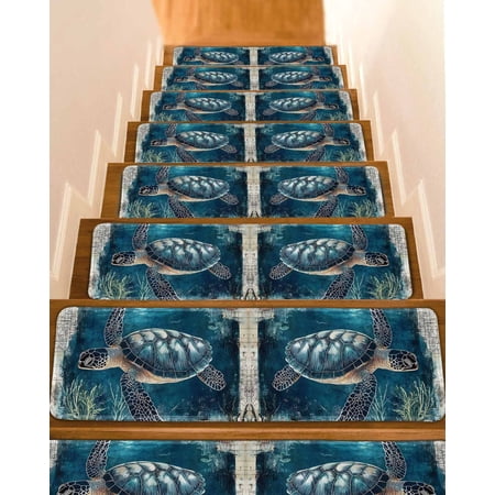 Nautical Sea Turtle Stair Treads for Wooden Steps Indoor Runner Rug Carpet Coastal Vintage Ocean Shells 7 Pieces Peel and Stick Staircase Step Treads Covers Washable Throw Door Mats 30 x8