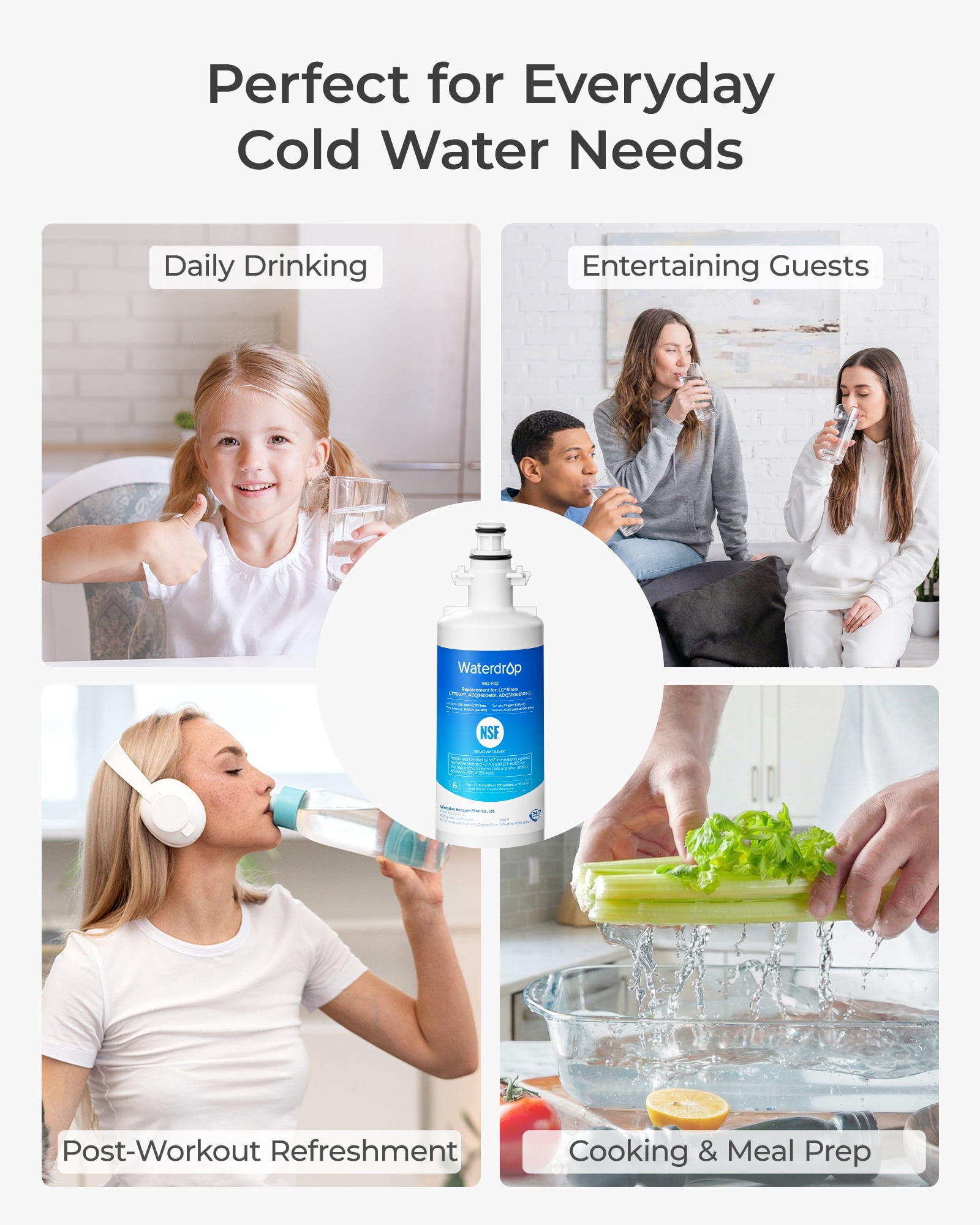 Waterdrop ADQ36006101 Replacement for LG® LT700P®, Kenmore 469690, 9690, FML-3, ADQ36006102, ADQ36006101-S Refrigerator Water Filter, 4 Filters