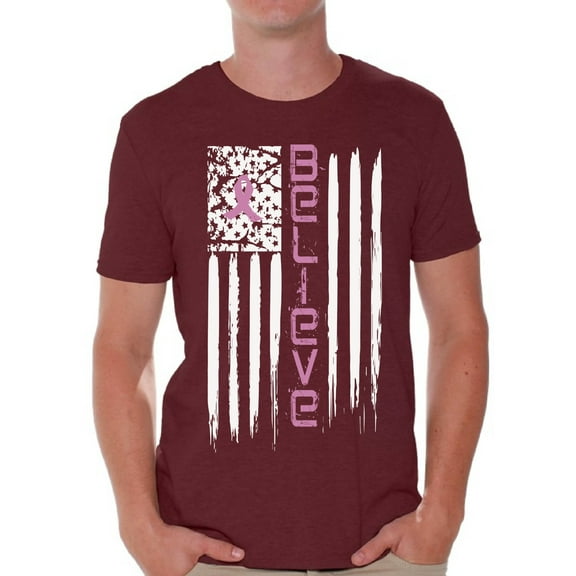 Awkward Styles Believe Tshirt Cancer Shirts Cancer Flag T-Shirt Breast Cancer Awareness Shirts for Men Pink Ribbon Flag Men's Shirt American Cancer Flag T Shirt Cancer Survivor Gifts for Him