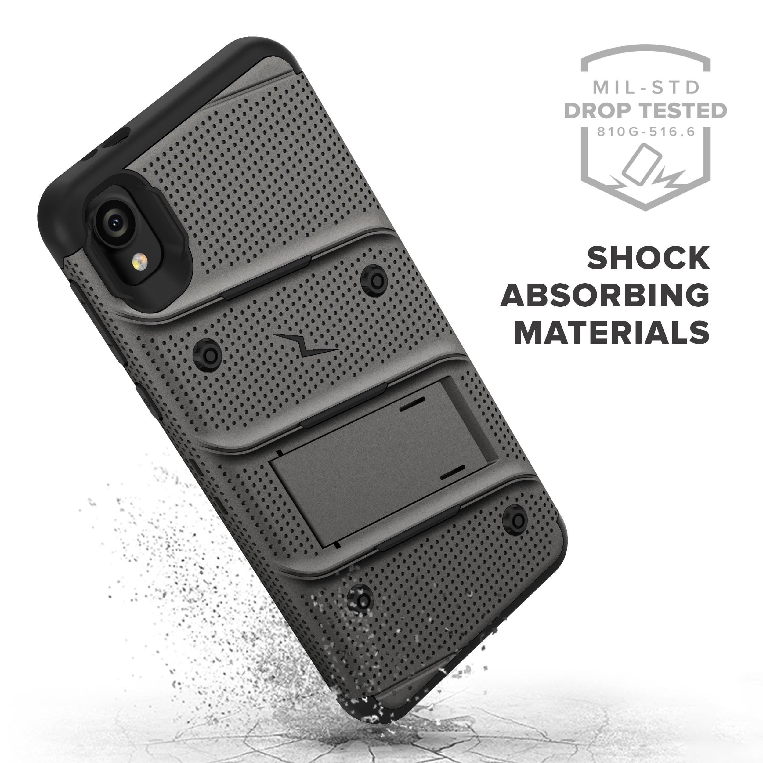 ZIZO BOLT Series Motorola Moto E6 Case | Heavy-duty Military-grade Drop Protection w/ Kickstand Included Belt Clip Holster Tempered Glass Lanyard (Metal Gray/Black)