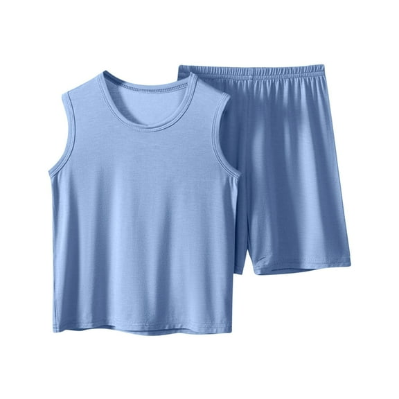 ZQUUVOU Boys And Girls Summer Outfit Cotton Solid Color Tank Tops And Shorts Two-Piece Set 2-16 Year Blue