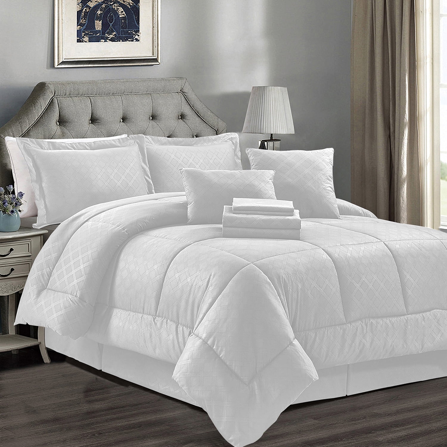 JML White King Comforter Set 10 Pieces Bedding Set Bed in a Bag with Comforters Sheets Bed Skirt Decorative Pillows Pillowcases Shams