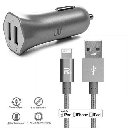 Apple MFi Certified Lightning Cable with 2 USB High Speed Car Charger for iPhone 7, 7 Plus, 6s, 6s Plus, 6, 6 Plus, SE, 5s, 5c, 5, iPad, (Best Lightning Cable Car Charger)