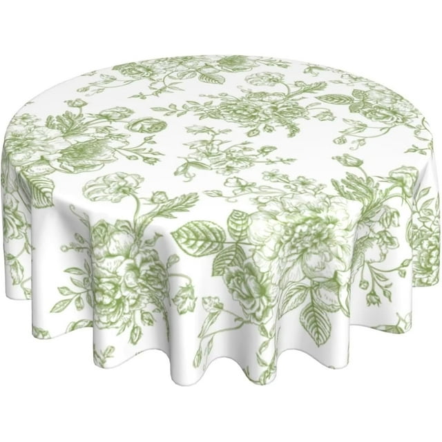 Sage Green Floral Tablecloth Round 70 Inch Vintage Chinoiserie Green Table Cloth Polyester Fabric Spring Summer Flowers Farmhouse Table Cover for Kitchen Party Picnic Outdoor Decor