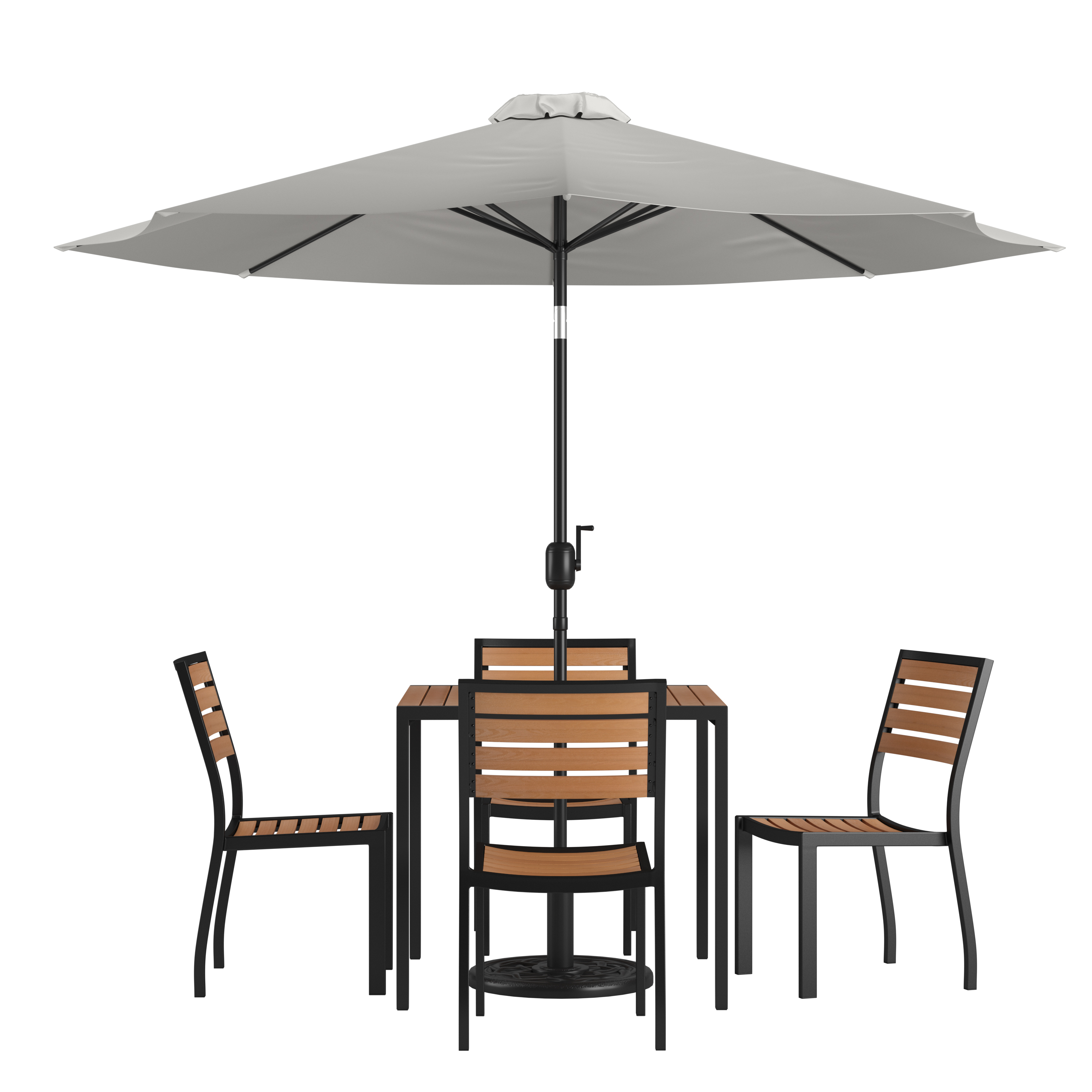 Merrick Lane Seven Piece Faux Teak Patio Dining Set - 35" Square Table, 4 Armless Stacking Club Chairs and 9' Gray Patio Umbrella & Base - image 2 of 18