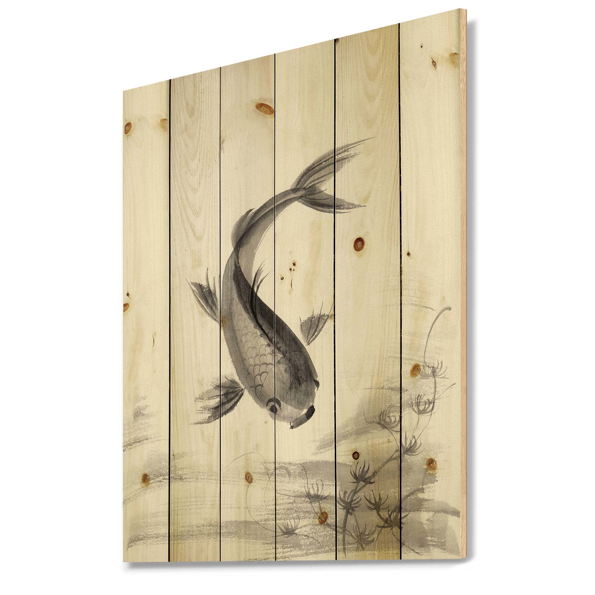 Designart 'Black and White Vintage Fish I' Nautical & Coastal Print on Natural Pine Wood