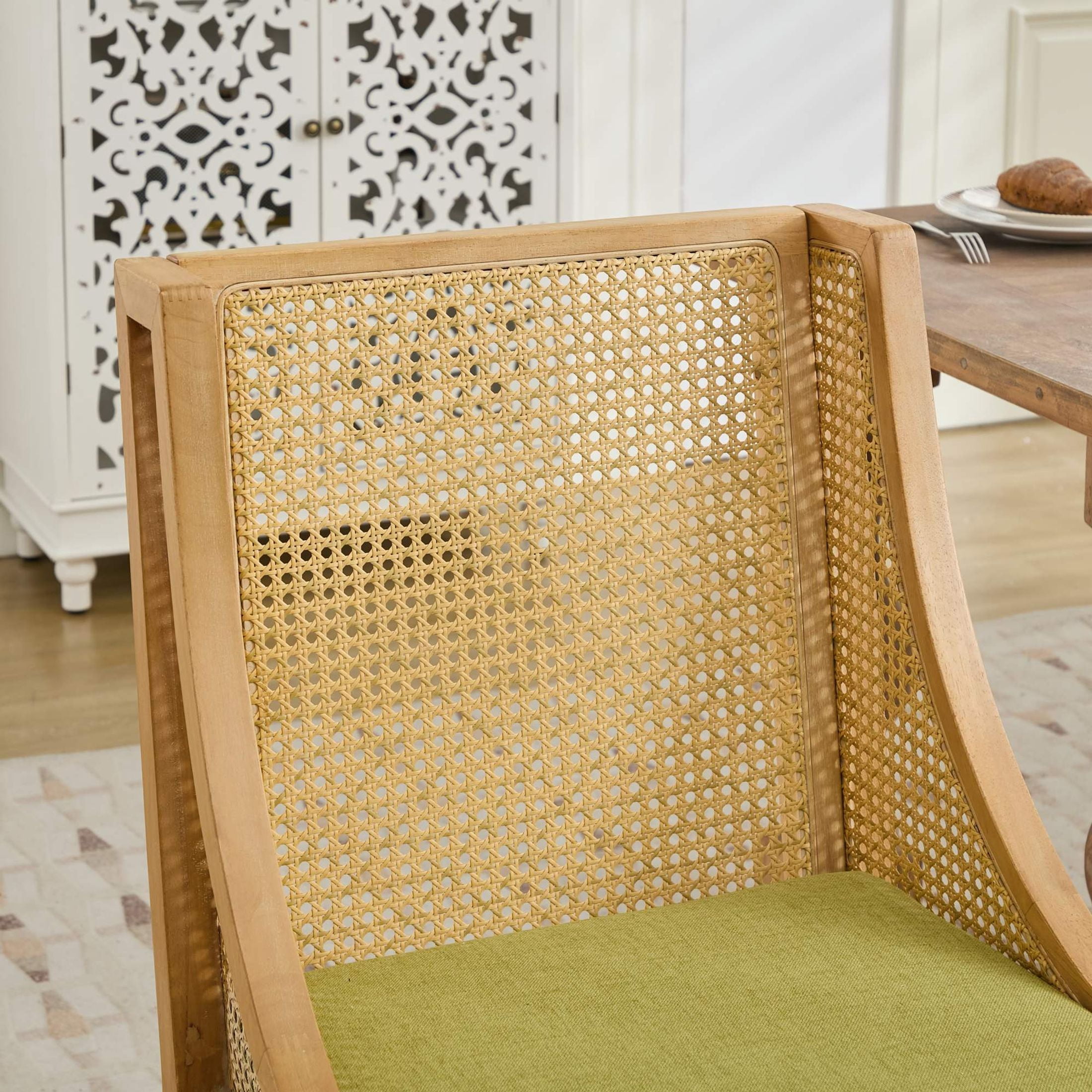 Noble House Dining Chair with Rattan Back, Linen Seat, Solid Wood Frame, Olive Green