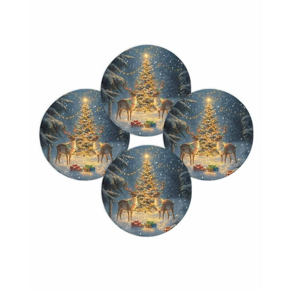 Christmas Round Placemats Set of 4 Reindeer Place Mats Washable Woven Placemat Forest Trees Winter Snowy Landscape Circle Braided Table Mat for Kitchen Dining Table Party Home Decor 15 Inch