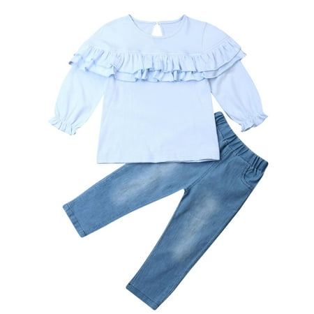 

Little Girls 2PCS Pants Set Long Sleeve Ruffle Top Long Slim Denim Pants Set