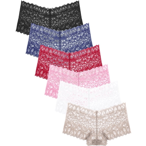 CuteByte Lace Boyshorts Underwear for Women V Waist Breathable Panties 6 Pack S-XXL