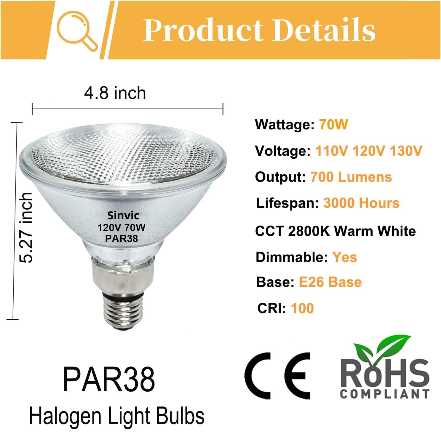 Sinvic 4-Pack PAR38 Halogen Flood Light Bulbs 70W 120V – Dimmable 700LM 2800K Warm White, E26 Base for Indoor & Outdoor Use