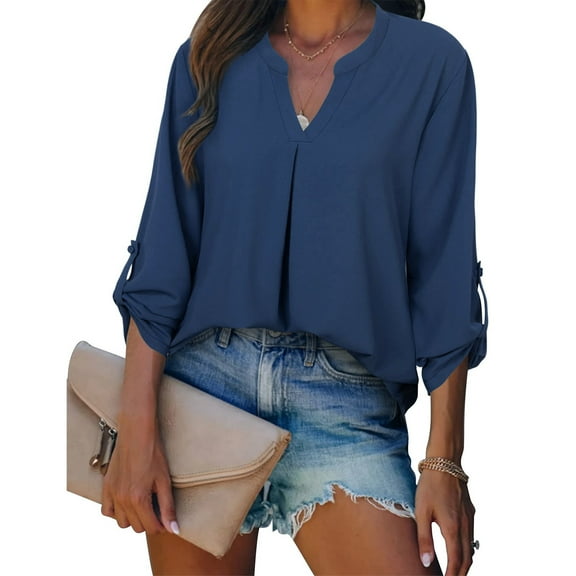 Admvng Business Casual Outfits for Women Fashion Casual V-Neck 3/4 Sleeve Work Shirt Solid Chiffon Tunic Office Pullover Top S-2XL