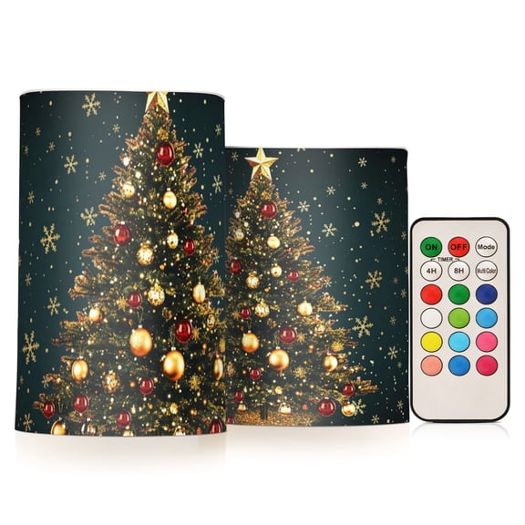 Winter Christmas Tree Flickering Flameless Candles Battery Operated with Remote Timer LED Pillar Candles Set of 2
