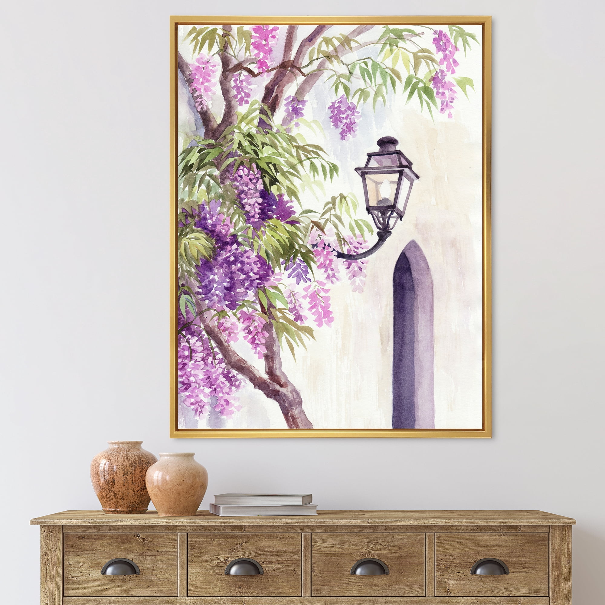 Designart 'Lantern and Wisteria' Traditional Framed Canvas Wall Art Print