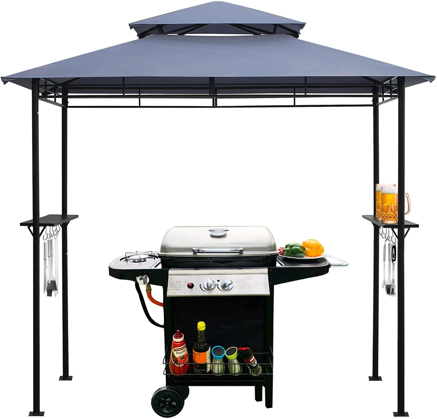BBQ Grill Gazebo 8 x 4 Barbecue Canopy Double Tiered Outdoor BBQ Grill Tent wAir Vent with Shelves and 10 Hooks Grey