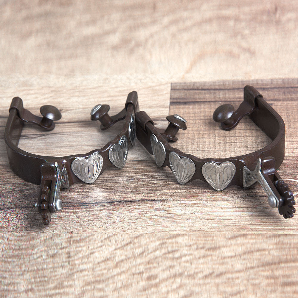 ANTIQUE BROWN LADIES SPURS TRIPLE HEARTS WITH ENGRAVED SILVER TRIM