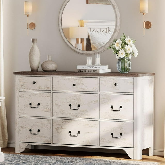 WAMPAT Modern 9-Drawer Farmhouse Dresser for Bedroom & Living Room - Rusic White Wood with Large Storage, Ideal as TV Stand or Organizer