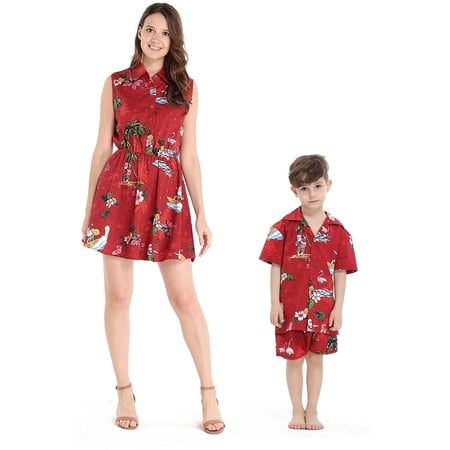 Matching Mother Son Hawaiian Luau Outfit Gypsy Dress Shirt in Lotus and Orchid main image 1