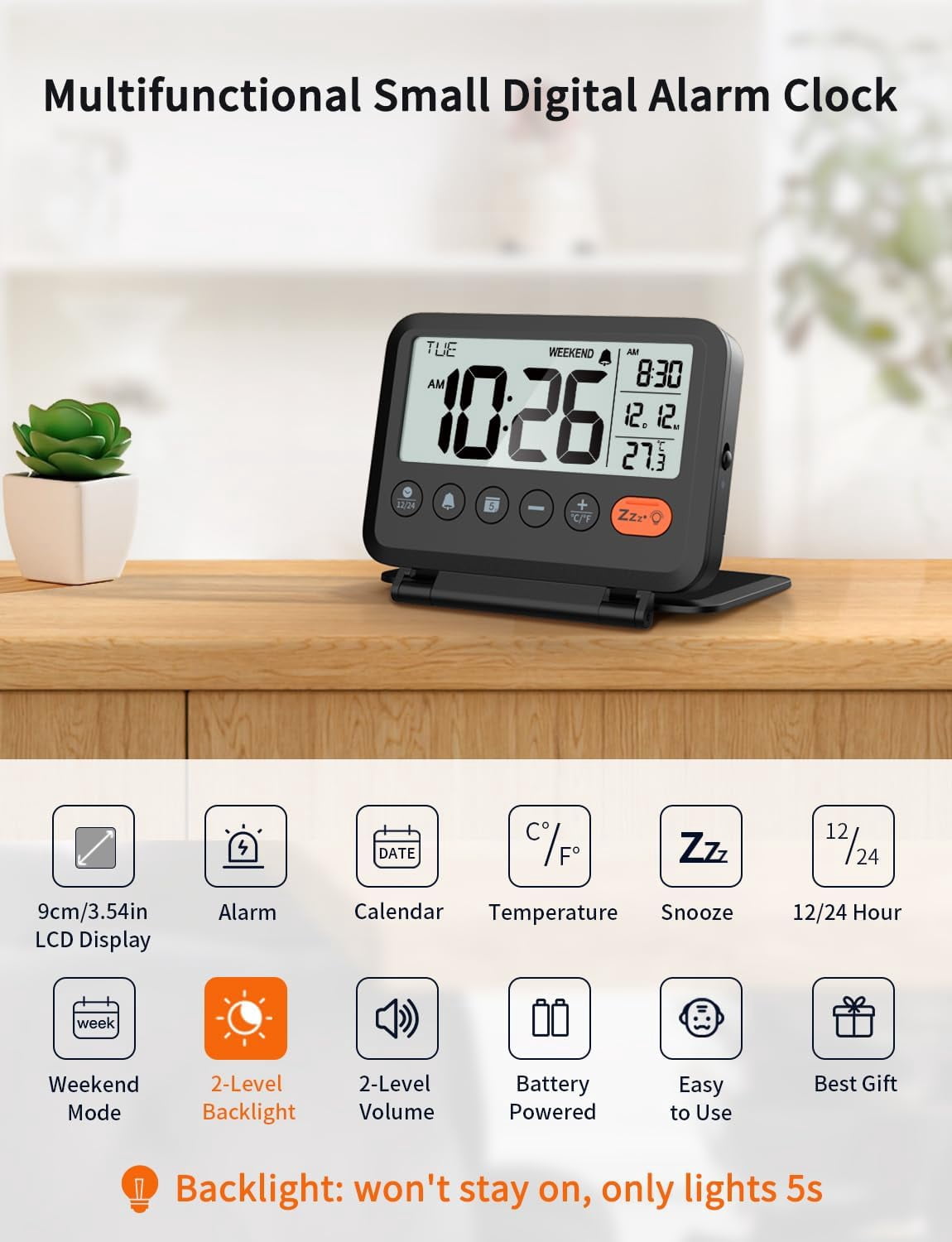 Digital Travel Alarm Clock, Black, 3.54 inch LCD Display, 9-Minute Snooze, 2 Volume Levels, Backlight, Battery Included