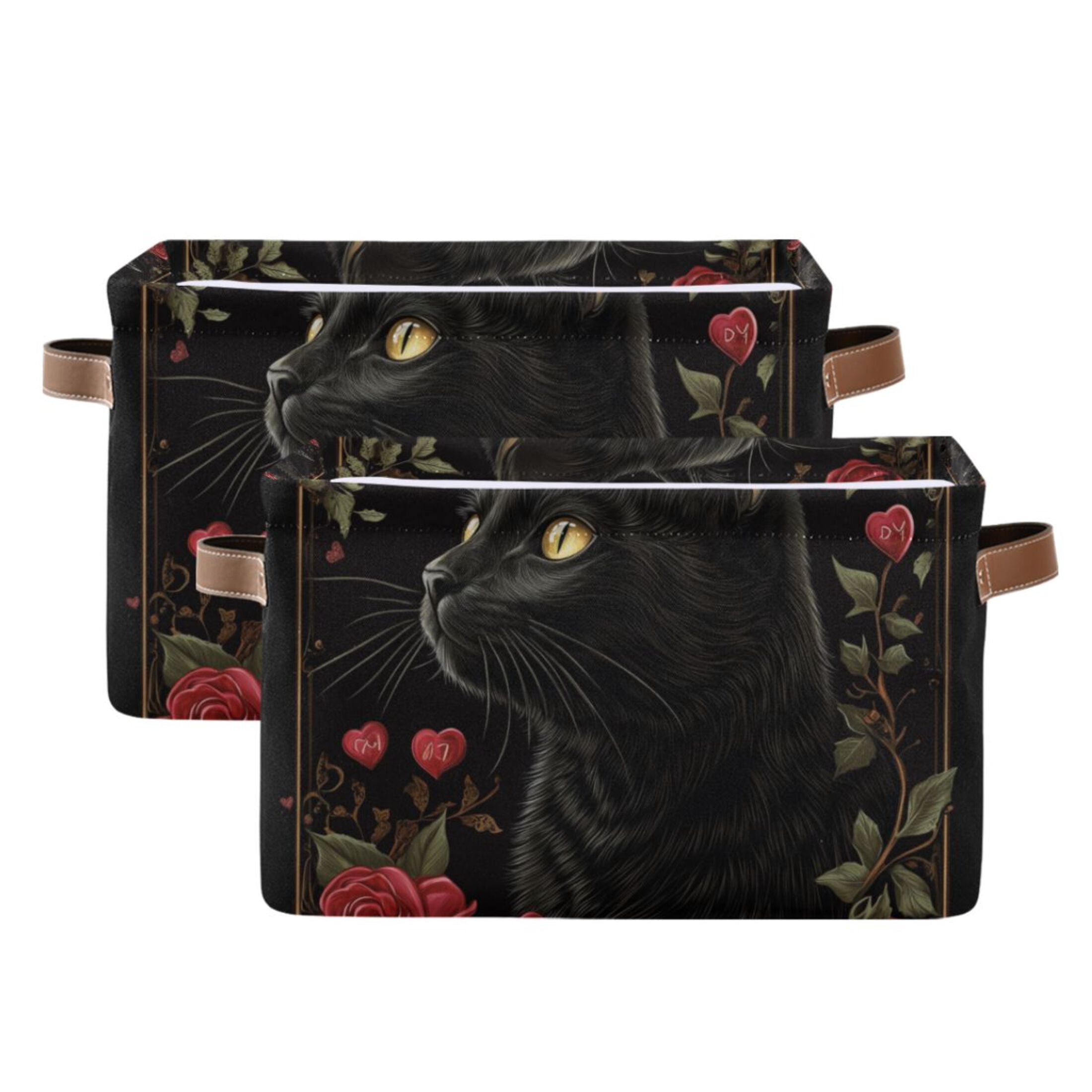 WOBOGO Red Rose Black Cat Pattern Square Storage Basket with Waterproof Canvas and PE Lining Durable PU Leather Handles 14.2×10.2×8.3in